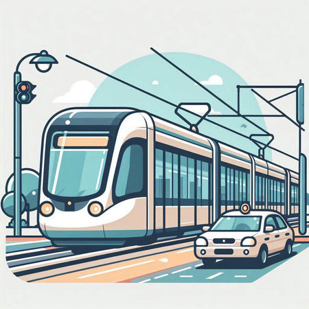 Modern tram on the city street. Vector illustration in flat style.のイラスト素材