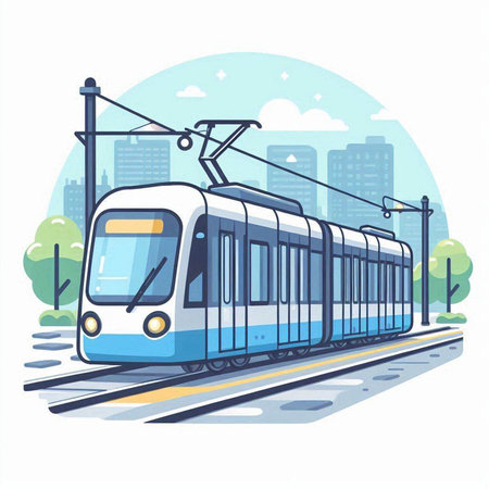 Modern train on the city street. Vector illustration in flat style.のイラスト素材
