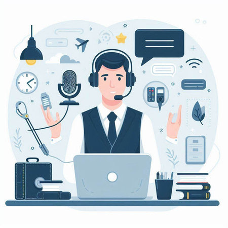 Vector illustration of a customer service agent in a flat style. Man in a headset with a laptop in his hands.のイラスト素材
