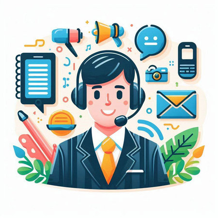 Customer service concept. Call center operator with headset and microphone. Vector illustrationのイラスト素材
