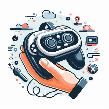 Hand holding a gamepad. Vector illustration in flat linear style.のイラスト素材