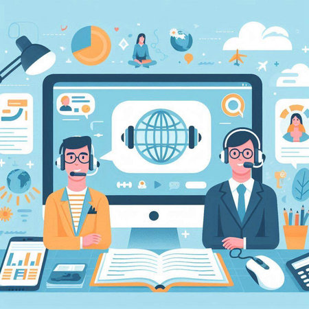 Flat design vector illustration concept of online education, distance learning, e-learning, distance learning, e-learning, webinar, video conference.のイラスト素材