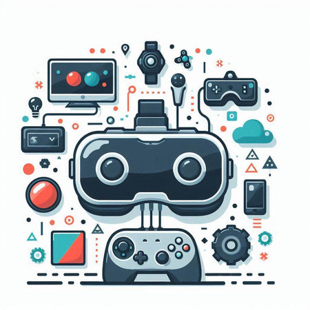 Vector illustration of virtual reality concept with gamepad and multimedia icons.のイラスト素材
