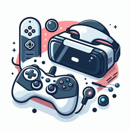 Gamepad, virtual reality glasses and game controller on white background. Vector illustration.のイラスト素材