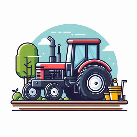 Tractor with a bucket of water. Vector illustration in cartoon style.のイラスト素材