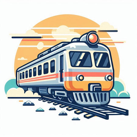 Train on the background of the sun and clouds. Vector illustration.のイラスト素材