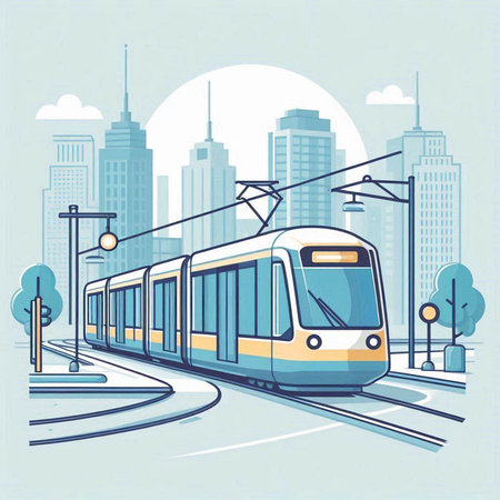 Modern train on the background of the modern city. Vector illustration.のイラスト素材