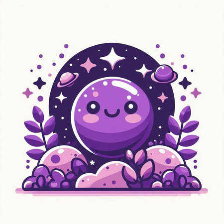 Cute kawaii purple planet with stars and leaves. Vector illustration.のイラスト素材