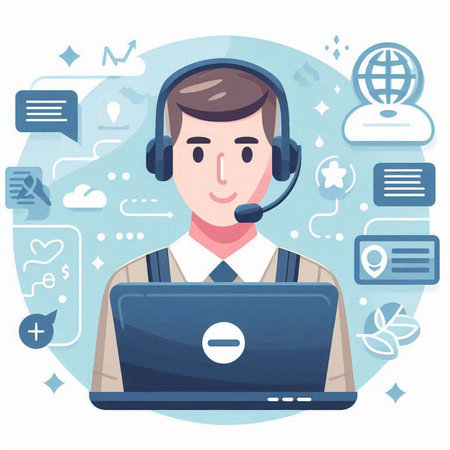 Male customer support operator with headset and laptop. Flat style vector illustration.のイラスト素材