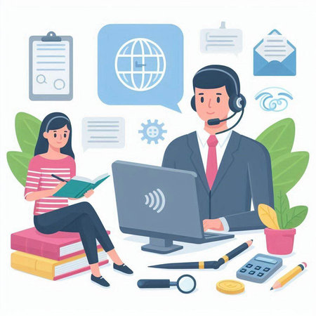 Call center concept. Man and woman sitting at the desk with laptop, headset, documents, phone. Flat vector illustration.のイラスト素材
