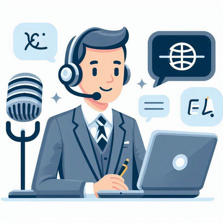 Illustration of a call center agent with headset, microphone and laptopのイラスト素材