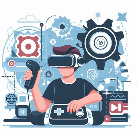 Man in virtual reality headset playing video game. Vector illustration in flat styleのイラスト素材