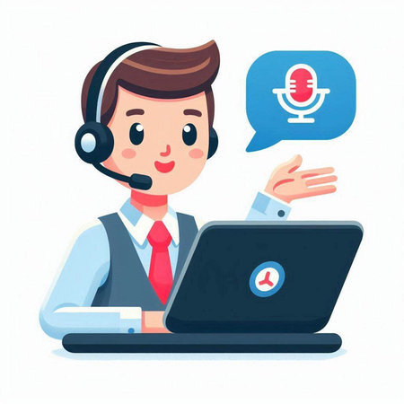 Businessman with microphone and laptop. Call center. Vector illustration.のイラスト素材