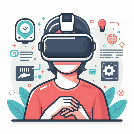 Man wearing virtual reality glasses. Modern technology concept. Vector illustration.のイラスト素材