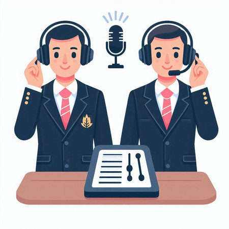 Vector illustration of a man in a suit and a woman in a microphone.のイラスト素材