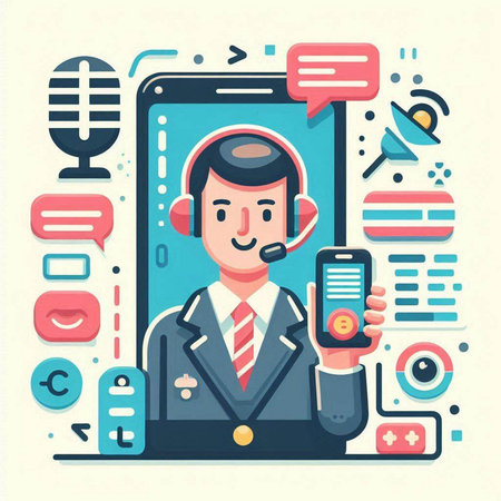 Vector illustration of support phone operator in headset holding smartphone in his hand.のイラスト素材