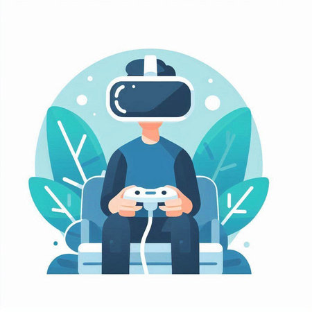 Man playing video games with virtual reality glasses. Vector illustration in flat styleのイラスト素材