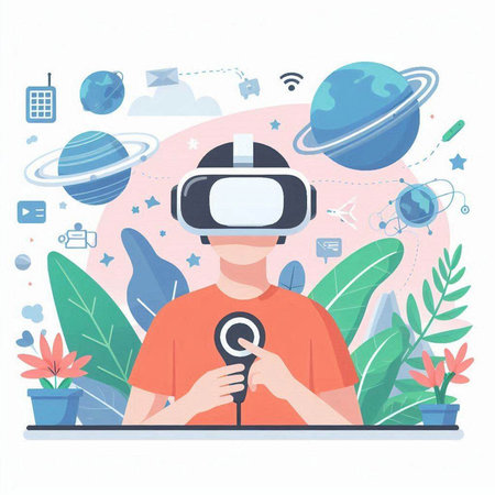 Man using virtual reality headset. Virtual reality concept. Vector illustration.のイラスト素材
