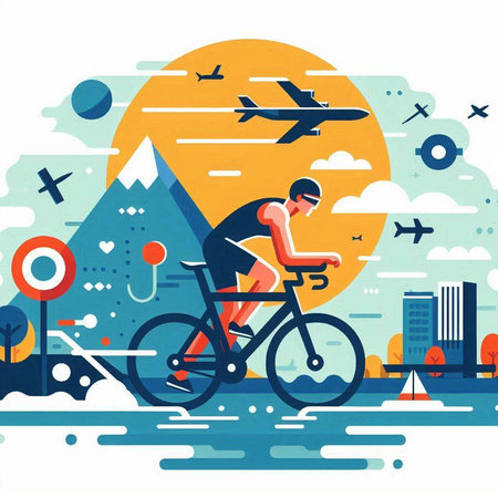Cyclist riding bicycle in the city. Flat vector illustration.のイラスト素材