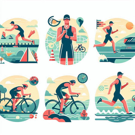 Cyclist flat color vector icons set. Man and woman, man and woman in sportswear, swimmer and cyclist on beach, sea or ocean background isolated cartoon illustrations collectionのイラスト素材