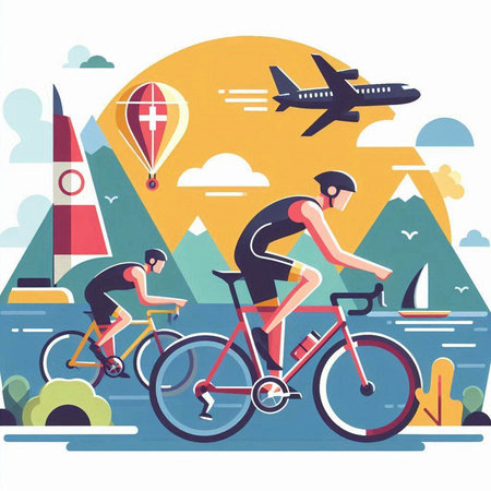Cyclists on the bicycle in the mountains. Vector illustration.のイラスト素材