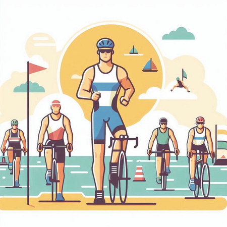 Vector illustration of triathlon, cycling competition, healthy lifestyle concept.のイラスト素材