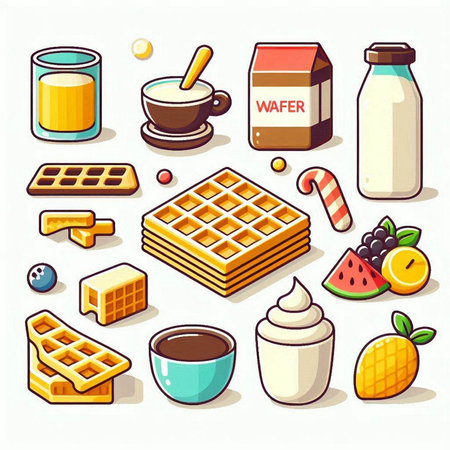 Vector illustration of a set of different types of waffles, ice cream, yogurt, berries, fruits.のイラスト素材