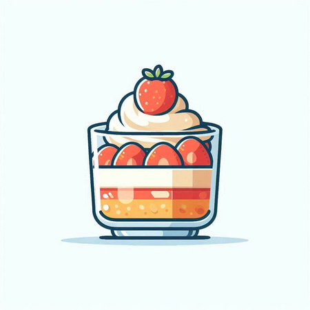Strawberry dessert with whipped cream in glass bowl. Vector illustration.のイラスト素材