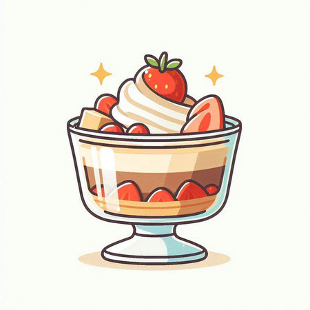 Dessert in glass bowl with strawberry and cream. Vector illustration.のイラスト素材