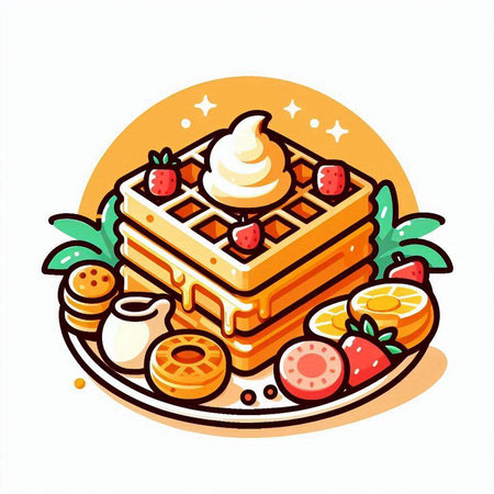 Belgian waffles with fruits and whipped cream. Vector illustration.のイラスト素材