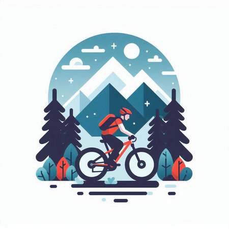 Vector illustration of a man riding a bicycle in the mountains. Flat style design.のイラスト素材