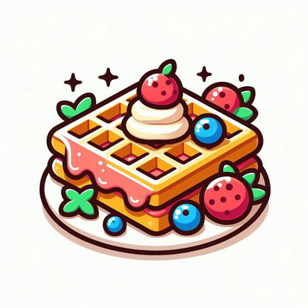 Belgian waffles with whipped cream and berries. Vector illustration.のイラスト素材