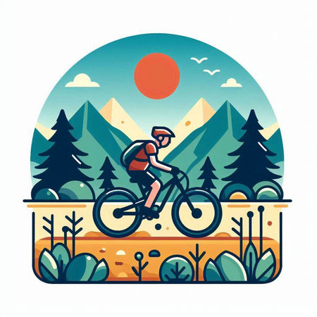 Cyclist in the mountains. Colorful vector illustration in flat style.のイラスト素材