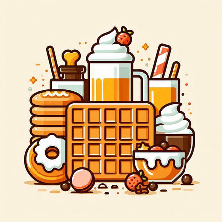 Vector illustration of a set of sweet food. Waffles, ice cream, waffles, ice cream, chocolate and strawberries.のイラスト素材