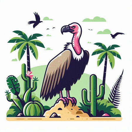 Vulture on the island with cacti and palm trees. Vector illustration.のイラスト素材