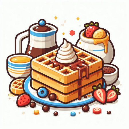 Belgian waffles with ice cream, honey and berries. Vector illustration.のイラスト素材
