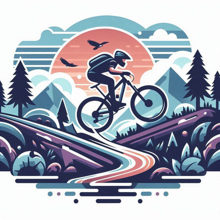 Cyclist riding on the road in the mountains, vector illustrationのイラスト素材