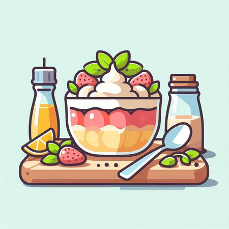 Yogurt with strawberries and mint. Vector illustration in cartoon style.のイラスト素材