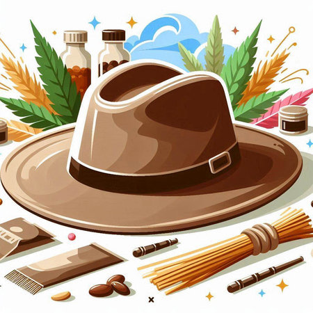 Illustration of a brown hat with wheat and other objects on a white backgroundのイラスト素材