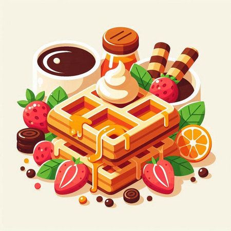 Belgian waffles with ice cream, chocolate, strawberries and chocolate. Vector illustrationのイラスト素材