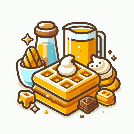 Belgian waffles with ice cream, honey and nuts. Vector illustration.のイラスト素材
