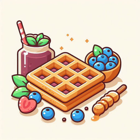 Sweet waffles with berries and jam. Vector illustration in cartoon style.のイラスト素材