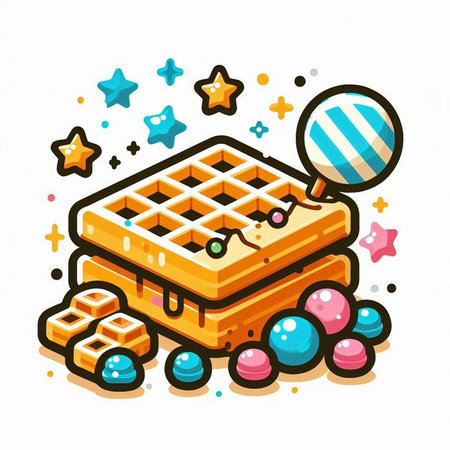 Belgian waffles with candies and marmalade. Vector illustration.のイラスト素材