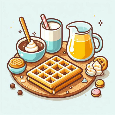Vector illustration of tasty breakfast with waffles, coffee and cookies.のイラスト素材