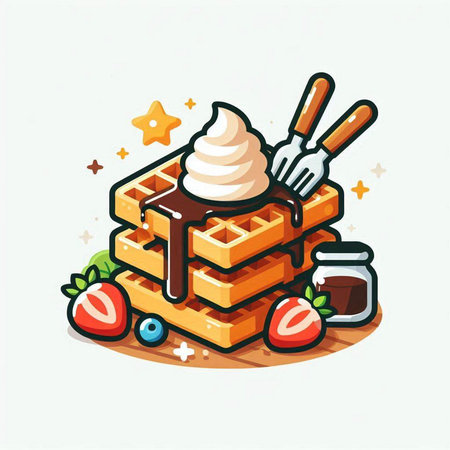 Belgian waffles with whipped cream, strawberries and honey. Vector illustration.のイラスト素材