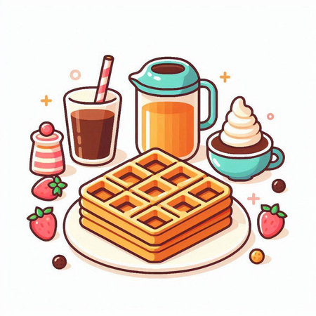 Vector illustration of a set of breakfast items. Waffles, cup of coffee, ice cream.のイラスト素材