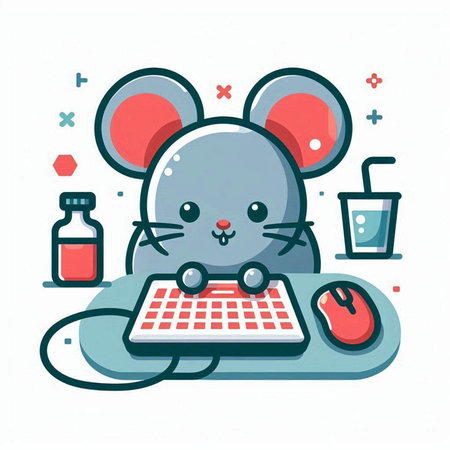 Cute mouse with keyboard and mouse. Vector illustration in flat style.のイラスト素材