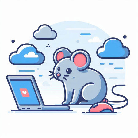 Mouse with laptop and cloud computing. Vector illustration in thin line style.のイラスト素材