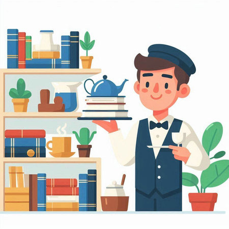 Vector illustration of a waiter in a cafe with a tray of books.のイラスト素材