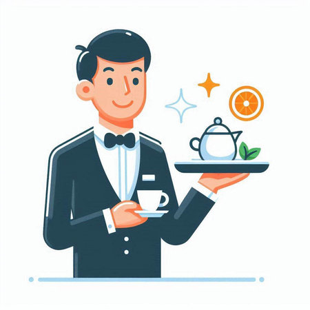Waiter with a cup of tea. Vector illustration in flat styleのイラスト素材